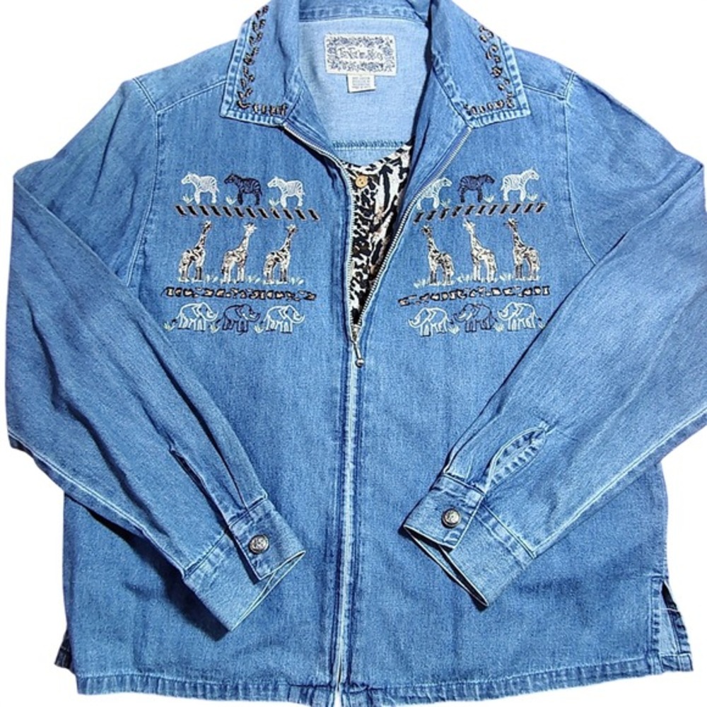 Women's Ton Ton Blues‎ Denim Jacket Safari Animal Embroidery Zip Front